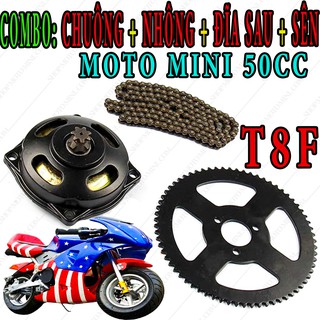 Cụm chuông sên nhông dĩa xe moto mini 50cc dùng cho dây xích mã (T8F)