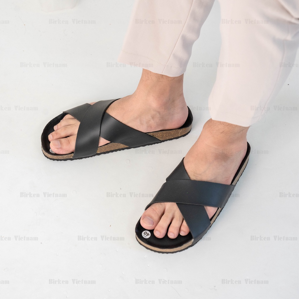 [ Lót Chống Nước ] DK03 - Dép Birken Đế Trấu, Thiết Kế Unisex Nam Nữ Quai Dép Da Bò đan chéo Chữ X Bioline VietNam