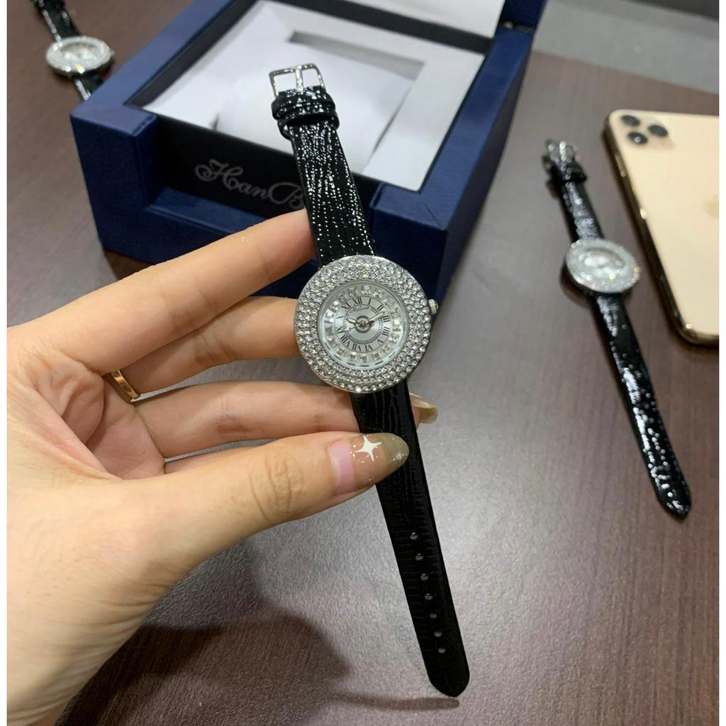 Đồng hồ nữ mặt full đính đá dây da đen vân rắn sang trọng
