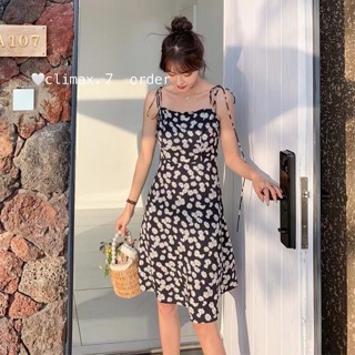 Đầm hoa cúc đen 2 dây thắt nơ (ảnh thật)
