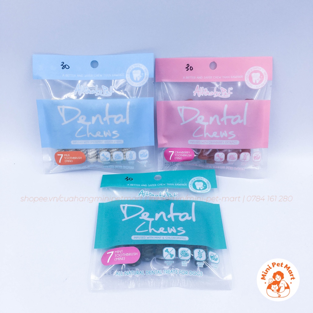 Xương gặm sạch răng thơm miệng cho chó dạng bàn chải ALTIMATE PET DENTAL CHEW (7 thanh) - vị bạc hà, sữa, cranberry
