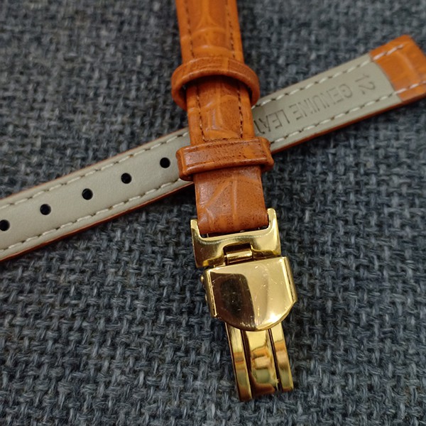 DÂY ĐỒNG HỒ DA BÒ VÂN CÁ SẤU MẦU VÀNG KHÓA BƯỚM CAO CẤP 316L