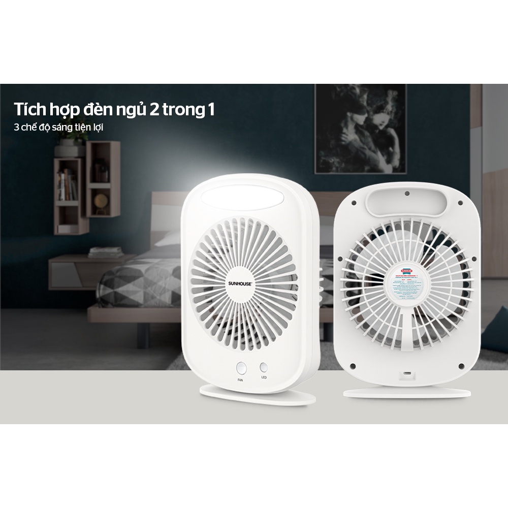 Quạt Sạc Pin Mini Kẹp Bàn SUNHOUSE SHD7111 Kiêm Đèn Ngủ, 3 Chế Độ Gió, Xoay 360 độ, Tích điện – Siêu Mát