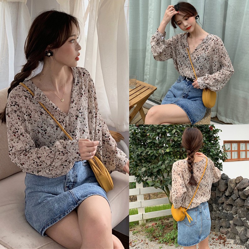 Xiaozhainv Áo voan hoa cổ tim dài tay phong cách Hàn Quốc dành cho nữ | BigBuy360 - bigbuy360.vn
