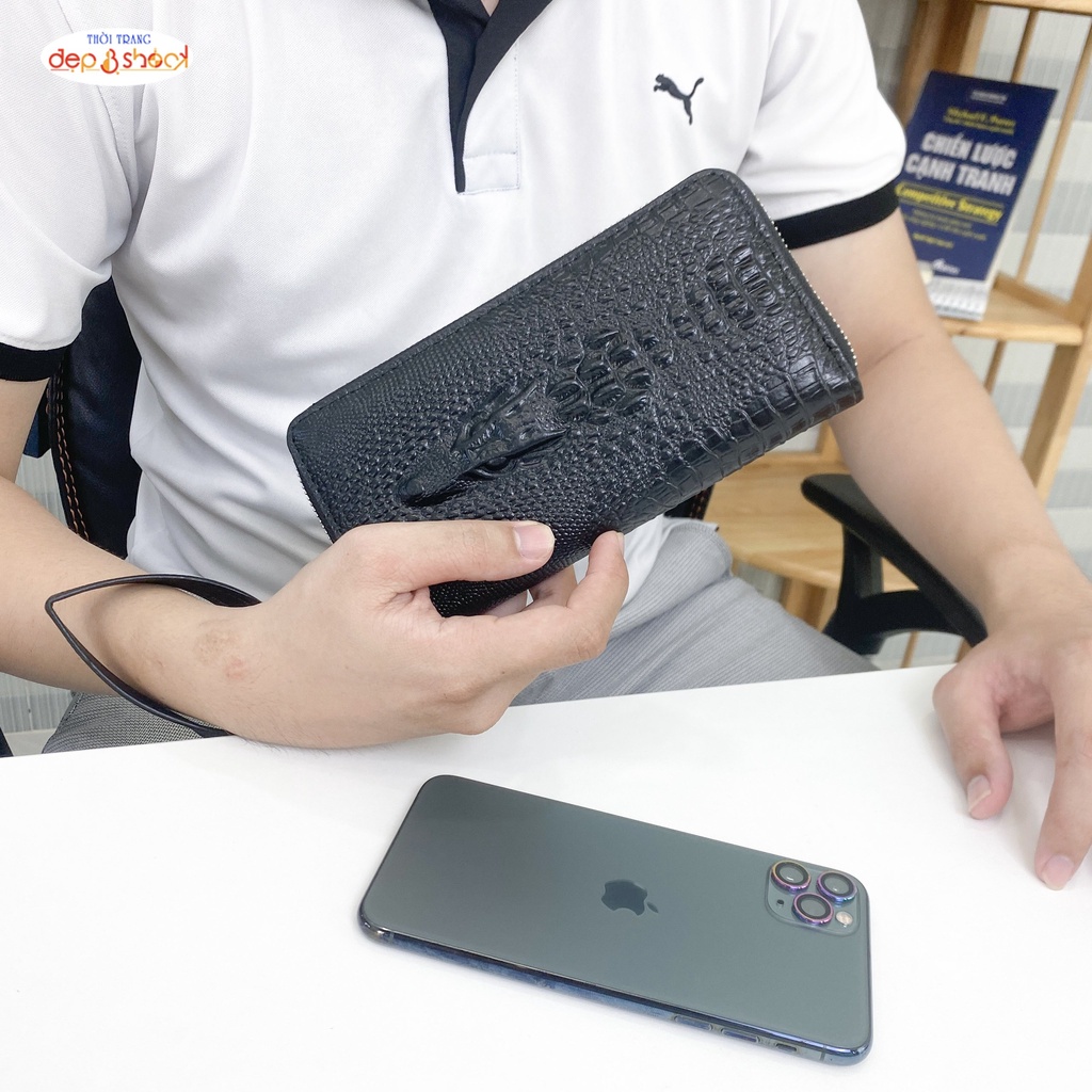 Ví Cầm Tay Da Bò Thật Dập Vân Cá Sấu Clutch Nam,nữ Cao CấpDepvashock BH 3 năm