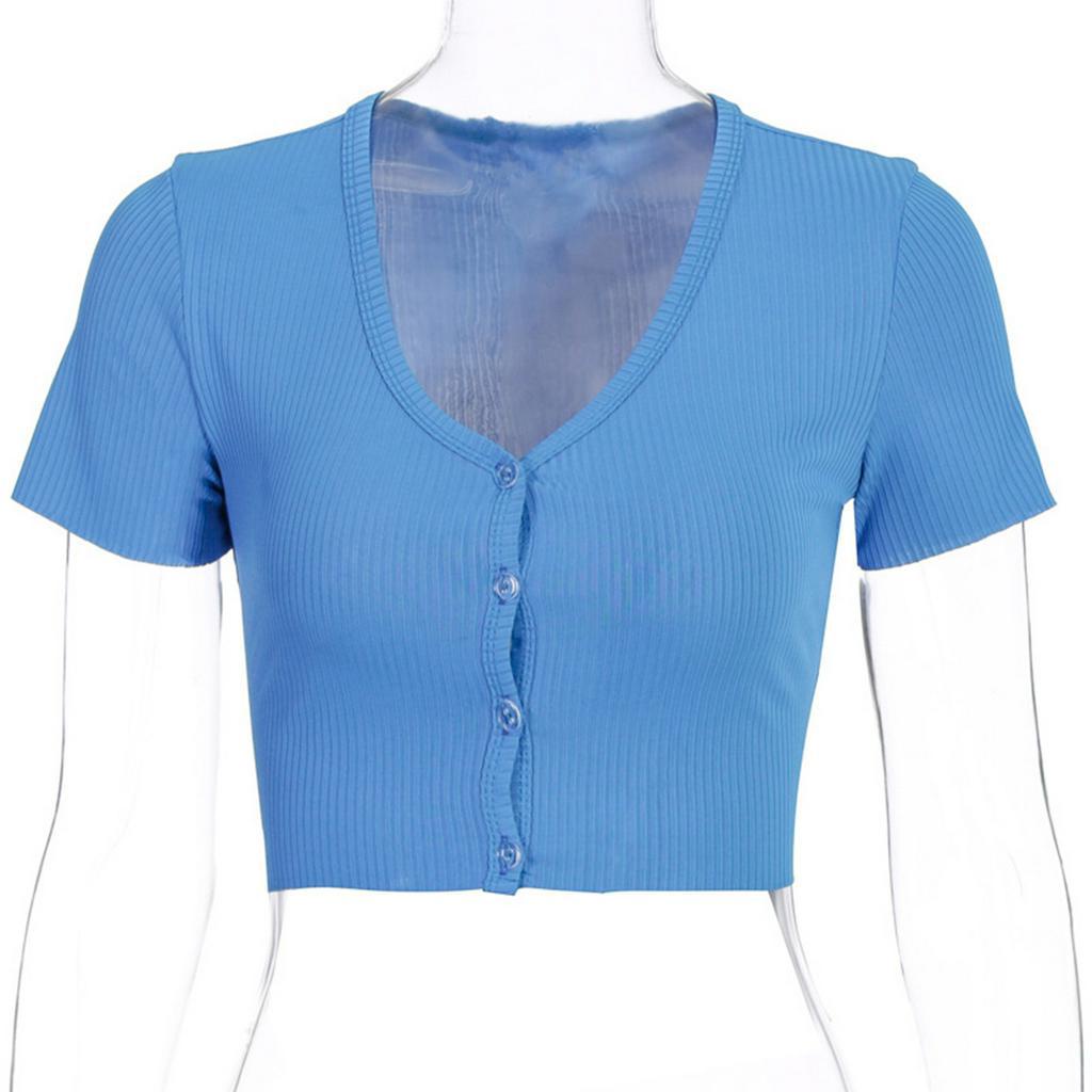 Áo Croptop Tay Ngắn Cổ Chữ V Phối Nút Thiết Kế Ôm Sát Tôn Dáng