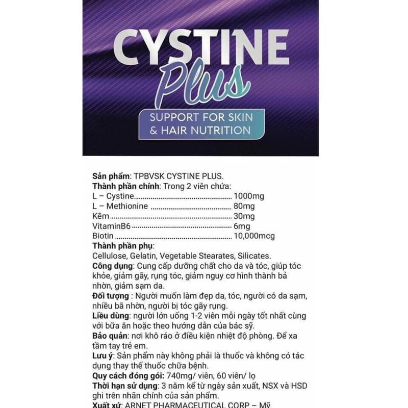 Cystine Plus-Viên uống giảm mụn, ngăn rụng tóc và giảm sắc tố Supplement Fact Cystine Plus