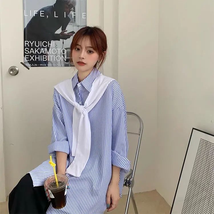 Áo Sơ Mi Tay Dài Kẻ Sọc Phối Khăn Đáng Yêu Hợp Thời Trang Dành Cho Bạn Nữ Nhiều Màu Sắc Hot Trend Năng Động