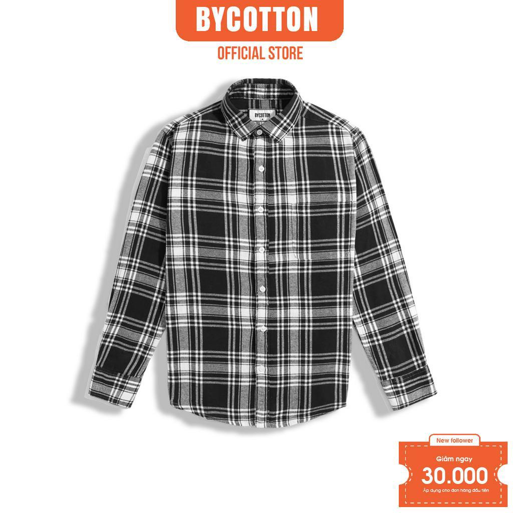 Áo Sơ Mi Nam Dài Tay Phối Sọc BY COTTON Caro Lớn Trắng Đen