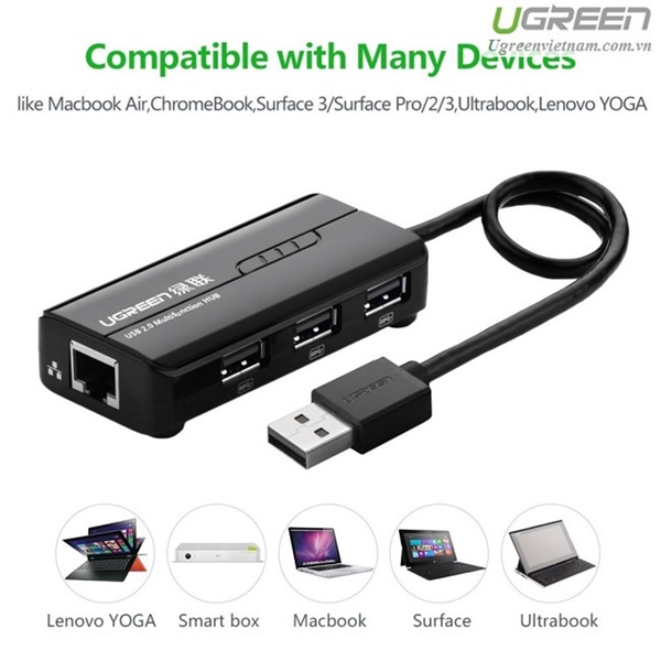 Cáp chuyển đổi USB 2.0 Sang 1 Lan RJ45 hổ trợ 100 Mbps 3 USB 2.0 màu Đen UGREEN 20264 CR103