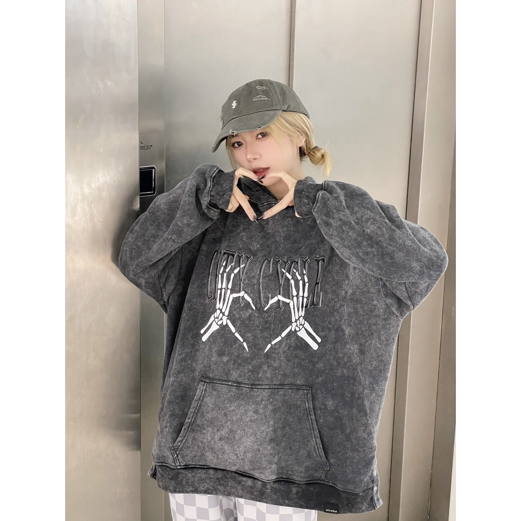 Áo hoodie unisex acid heart bones City Cycle - áo nỉ hoodie wash unisex form rộng in hình Local Brand