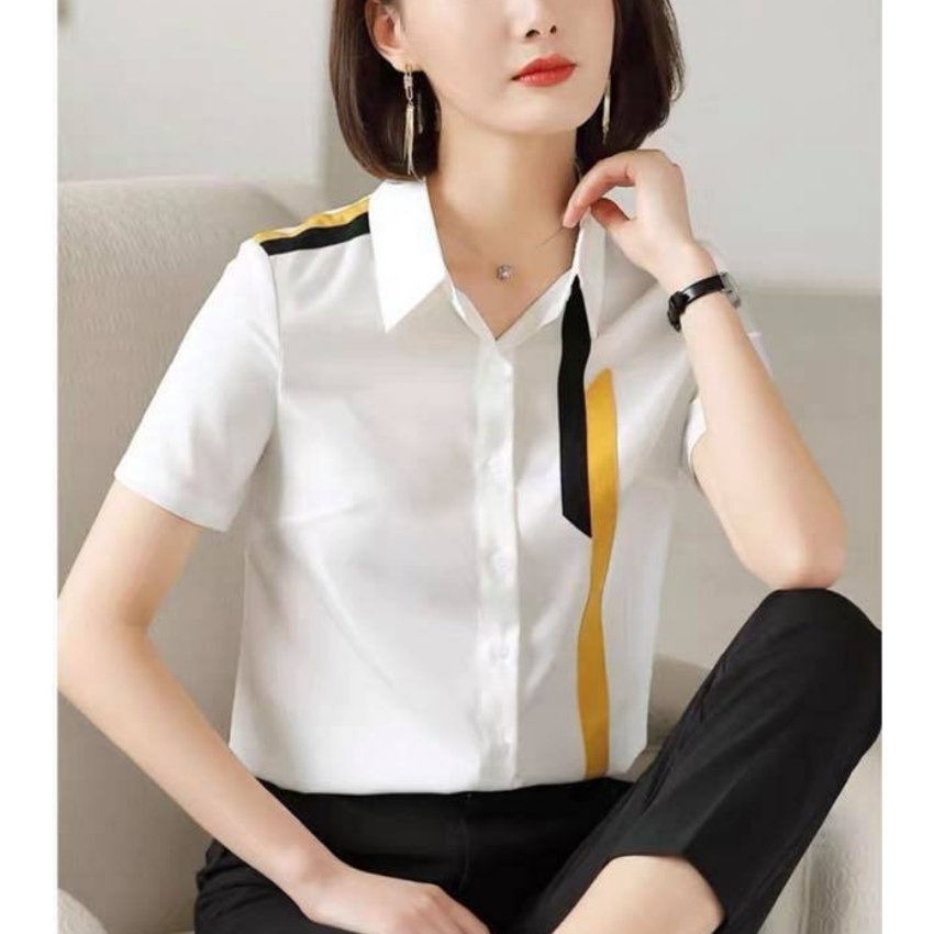 Áo Sơ Mi Nữ Tay Ngắn Phối Viền Ghép VG02 Thời Trang ERINA Chất Kate Mềm Mịn,Thoáng Mát