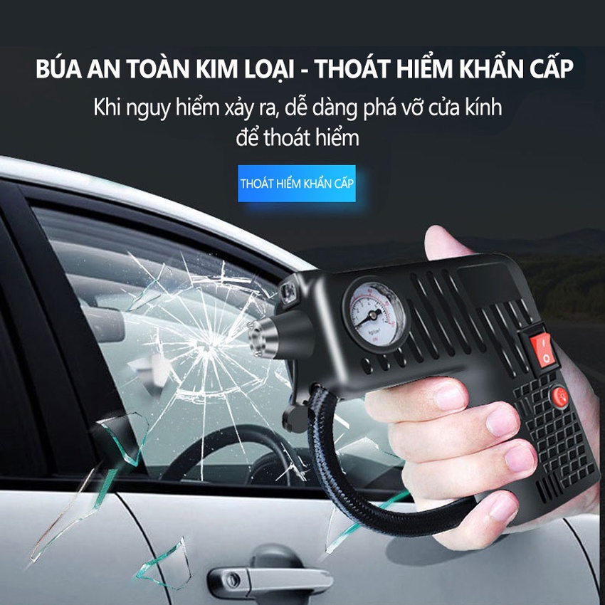 Máy Bơm Lốp Xe Hơi Nhỏ Gọn Đa Năng,Bơm Hơi, Đo Áp Suất, Búa An Toàn, Đèn Báo Khẩn Cấp ,Chính hãng YX301