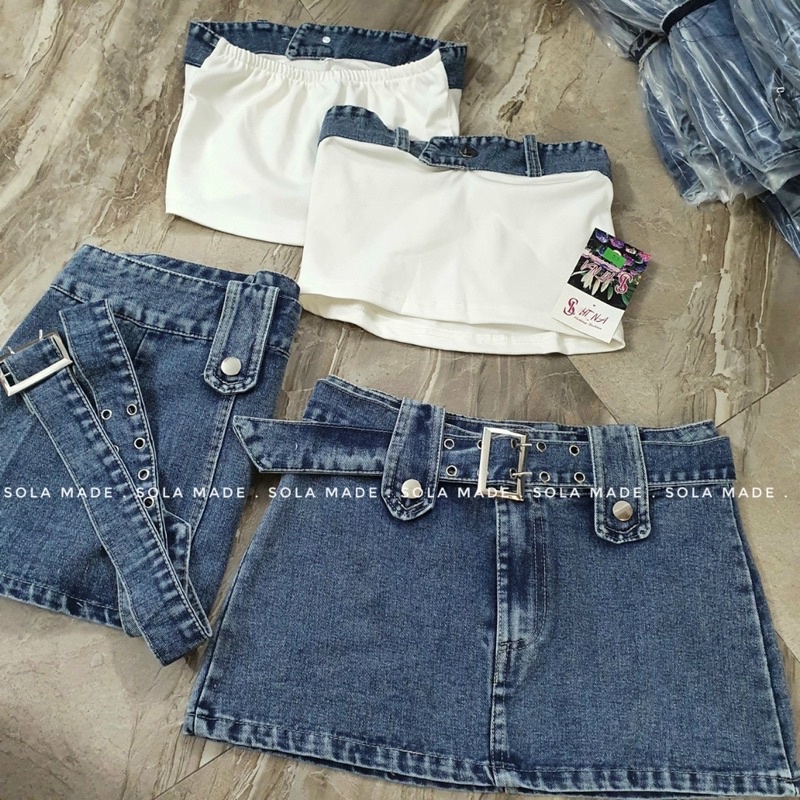 Set Áo Cúp Ngực Viền Jean Phối Chân Váy Jean Đai