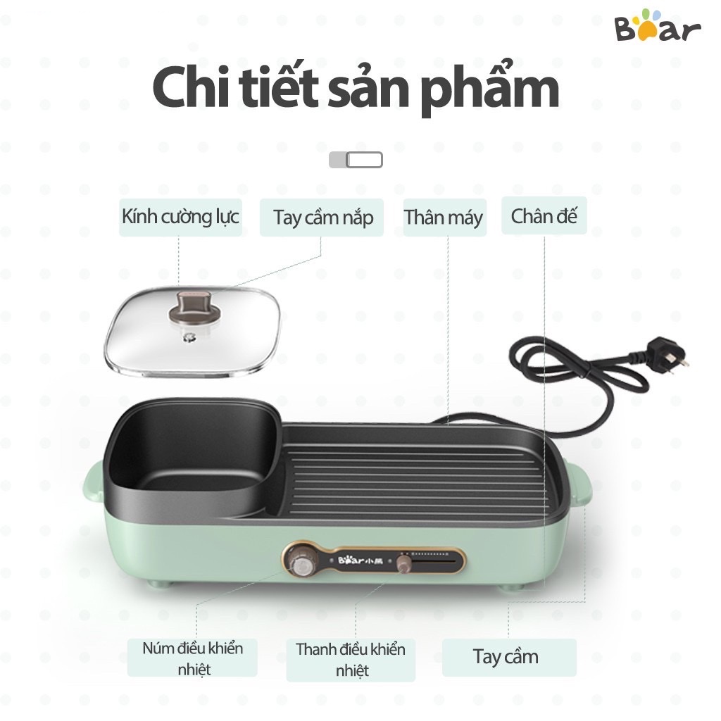 Bếp lẩu nướng Bear đa năng 2 trong 1 - Nồi lẩu nướng mini - Bếp nấu đa năng cho 3-6 người - Bảo hành chínhhãng