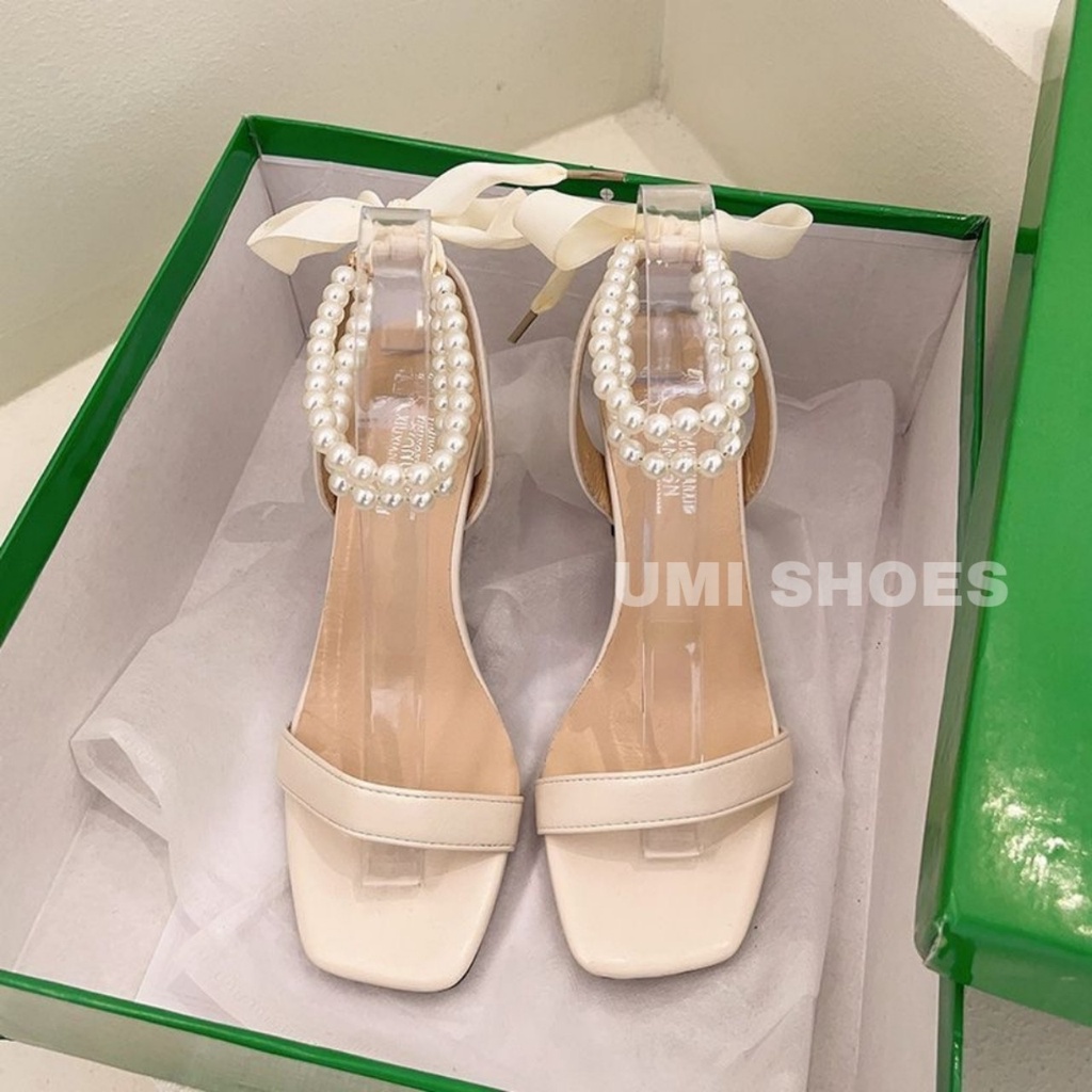[NEW] Giày Sandal cao gót 7cm đính ngọc cườm cột nơ mảnh quai bện xoắn ôm chân mũi vuông hot trend