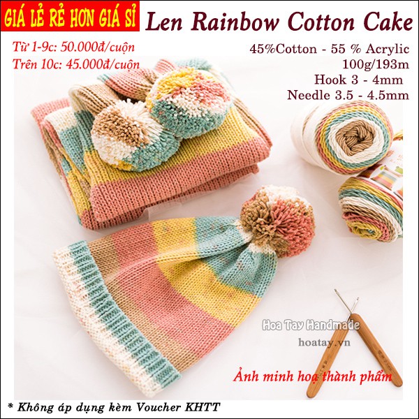 Len Rainbow Cotton Cake- Len đan móc trang phục, phụ kiện  Bảng màu 29 đến 39