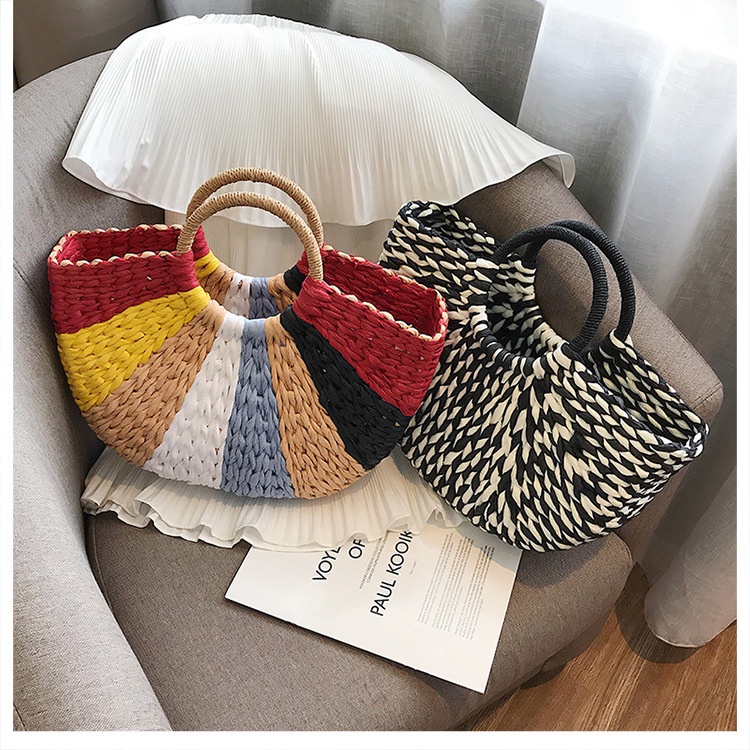 Túi Xách Đan Rơm Thủ Công Hình Bán Nguyệt Cỡ Lớn Với 6 Kiểu Màu Tùy Chọn Cho Nữ