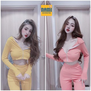 Set áo nón khoá kéo croptop kèm quần ống loe siêu sang chảnh - qanu092