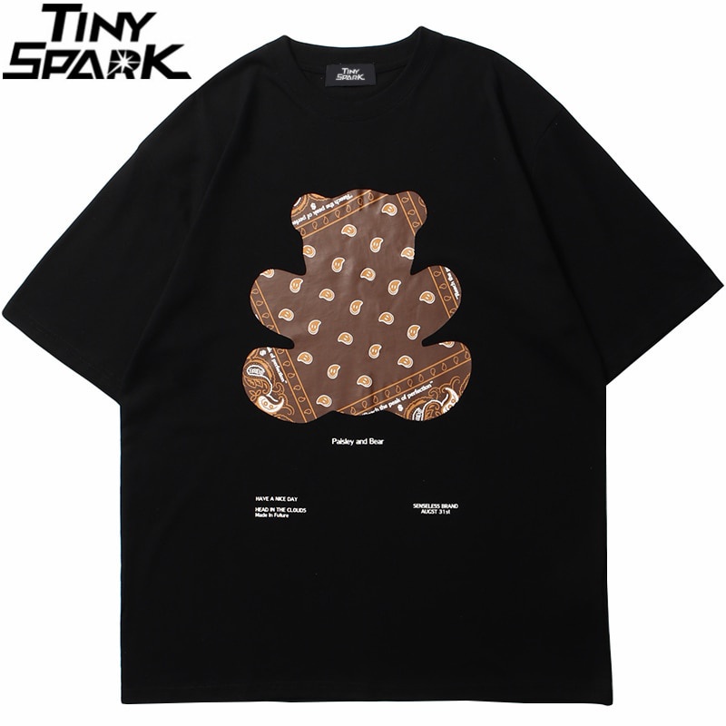 Áo thun đen tay ngắn dáng rộng in chữ Happy Bear phong cách Harajuku thời trang mùa hè 2021 cho nam