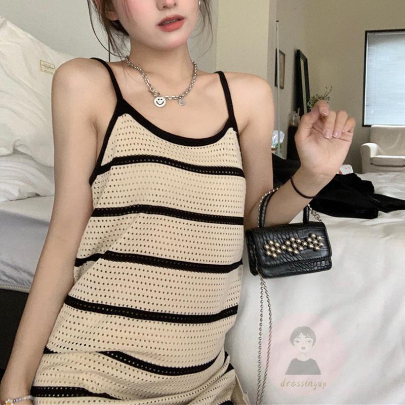 Đầm Hai Dây Họa Tiết Kẻ Sọc Màu Sắc Tương Phản Thời Trang Mùa Hè Dành Cho Nữ