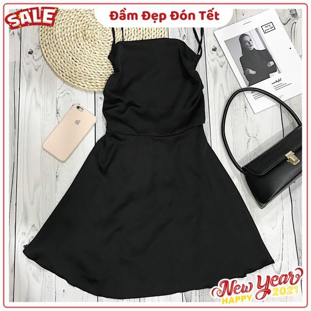 Đầm Đen Gold Dress sang chảnh quyết ru vải lụa mịn - váy ôm hai dây hở lưng from chuẩn