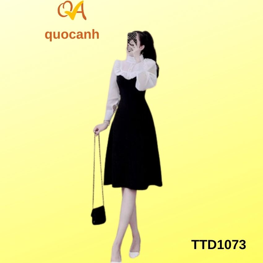 Đầm nữ thời trang dạo phố, công sở Quocanh, tay áo dài phối voan cổ cao có nút