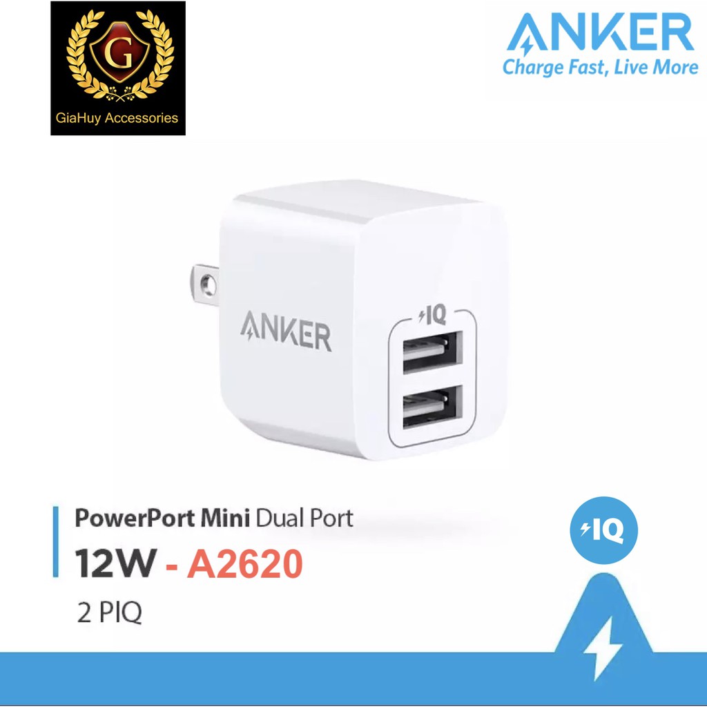 Củ sạc iPhone, iPad, iPod, AirPods ANKER PowerPort Mini A2620 12W - 02 cổng USB-A PiQ (5V/2.4A)