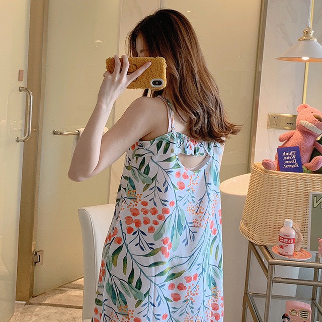 Váy lanh nữ, váy lanh 2 dây mặc nhà mềm mát, dáng suông dài, nhiều họa tiết freesize 45 - 70 kg