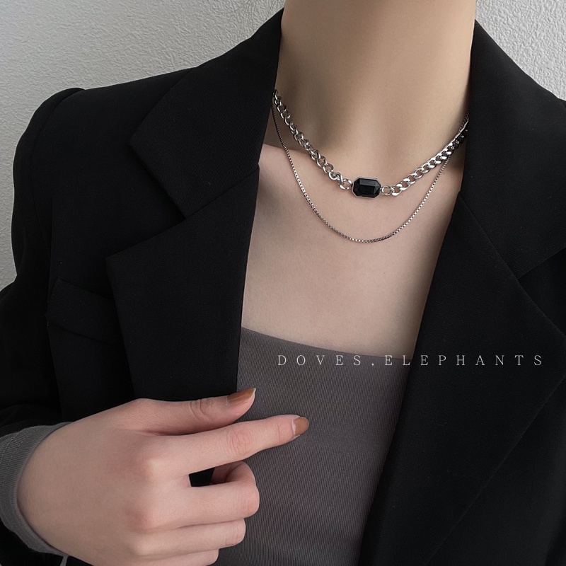 Vòng cổ hai lớp bằng thép titan màu đen đính đá phong cách hip hop đường phố