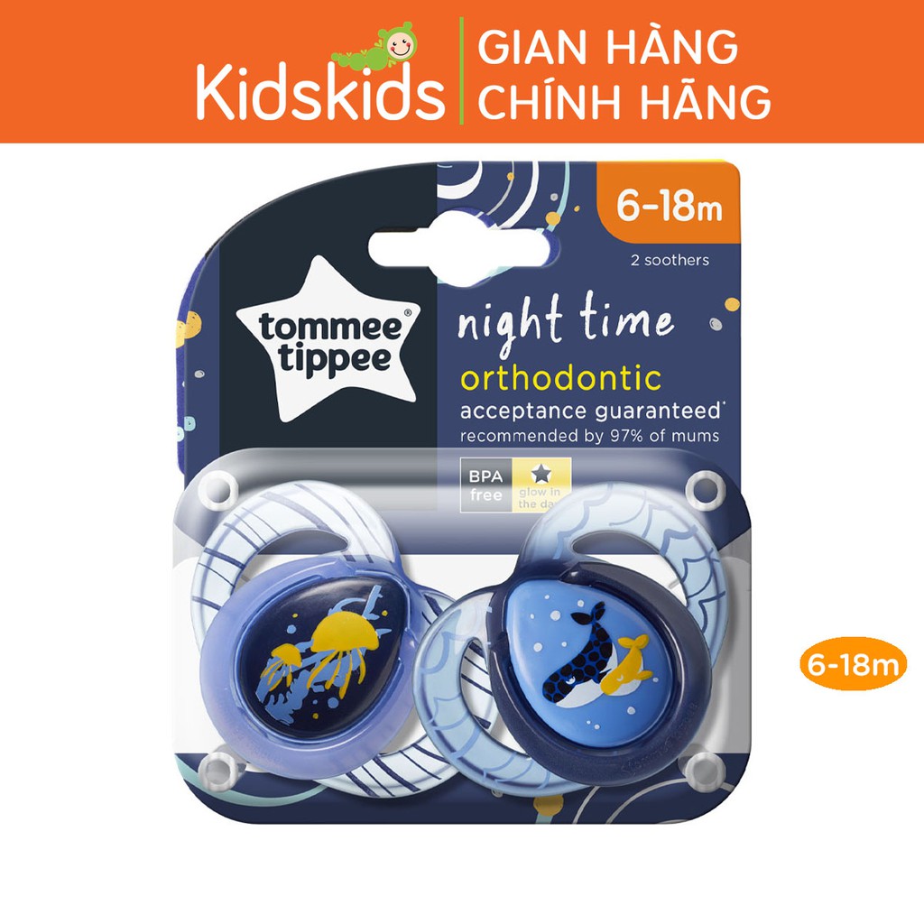 [Mã BMBAU50 giảm 7% đơn 99K] Ty ngậm dạ quang cho bé Tommee Tippee Night Time 6-18 tháng (vỉ đôi) - Cá Voi