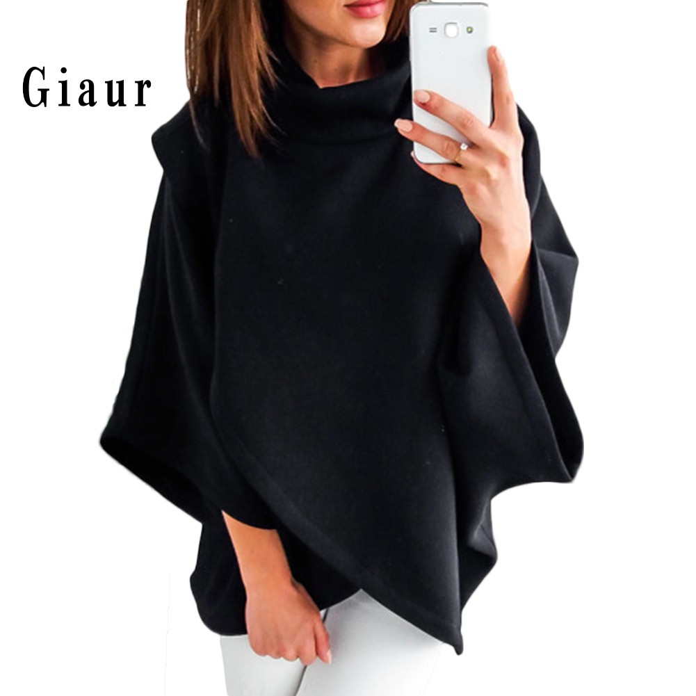 GIAUR  Winter Warm Women Solid Color Cloak Cape Turtle Neck Batwing Sleeve Jumper Poncho