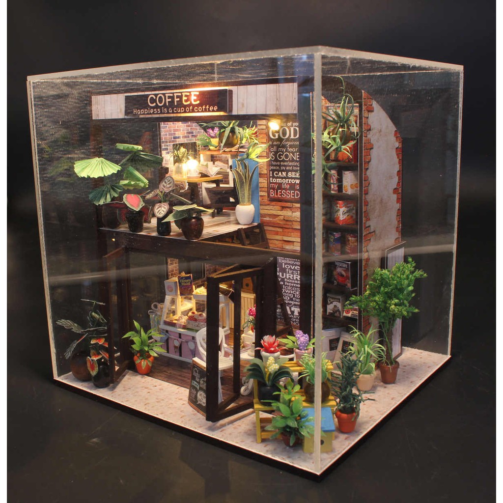 Mô hình nhà DIY Doll House Coffee House Kèm Mica chống bụi, Bộ dụng cụ và Keo dán