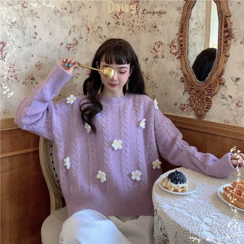 [SP Tốt,Hỏa Tốc] Áo Khoác Cardigan Len Lông Thỏ Áo Khoác Len Văn Thừng Hoa Cúc Form Rộng Vừa Phải - Mã AOL002