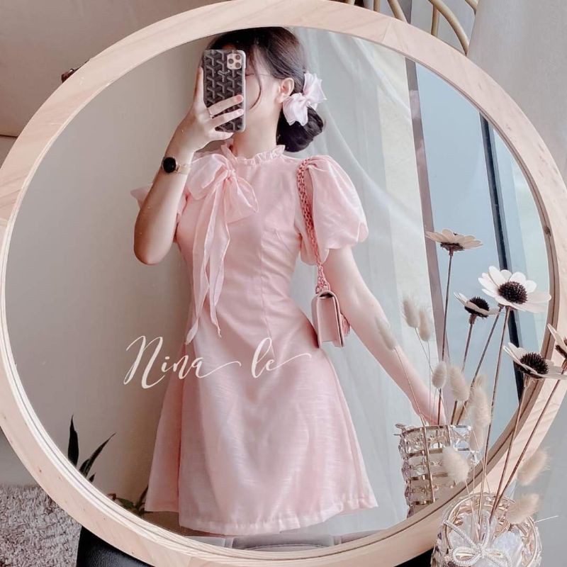 Váy dự tiệc hồng cổ thắt nơ bèo tay bồng tiểu thư