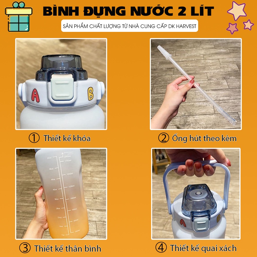 (Video Review) Bình Đựng Nước 2L DK Harvest Có Vạch Báo Giờ Uống Nước Cute