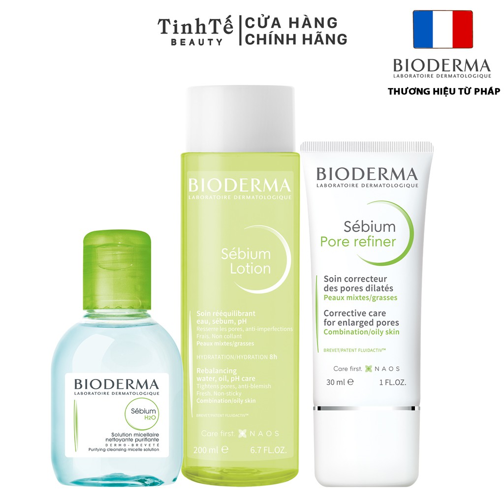 Bộ sản phẩm chăm sóc da dầu và hỗn hợp Biodema Sebium (Tẩy trang micellar 100ml + Lotion 200ml + Pore Refiner 30ml)