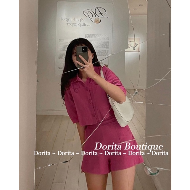 Set áo sơ mi dáng croptop thô đũi linen kèm quần short cạp cao, Set đồ July Hàn Quốc