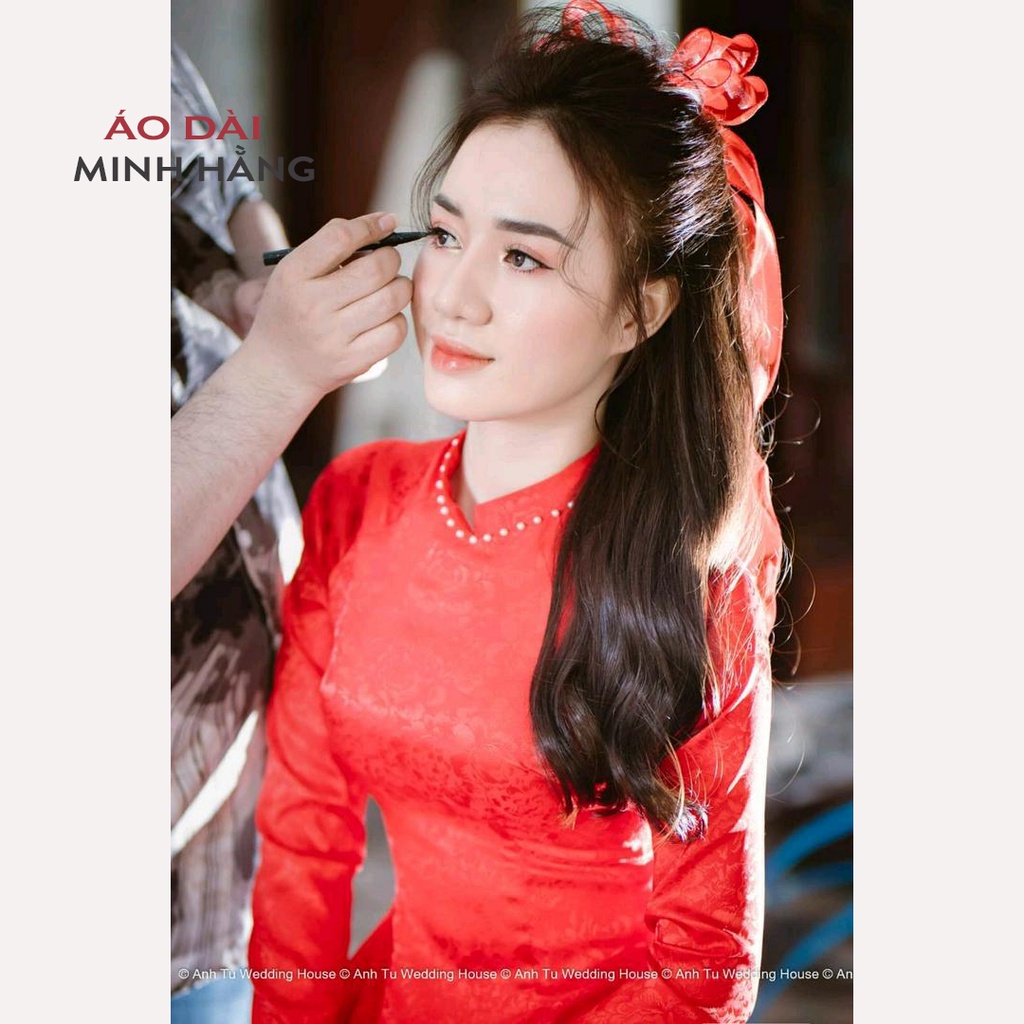 Áo Dài Cưới Cô Dâu Dự Tiệc Lễ Tết Đính Hạt Trai Vải Gấm Trắng Đỏ Hồng Vân Hoa Dệt Đẹp Cao Cấp_Áo Dài Minh Hằng
