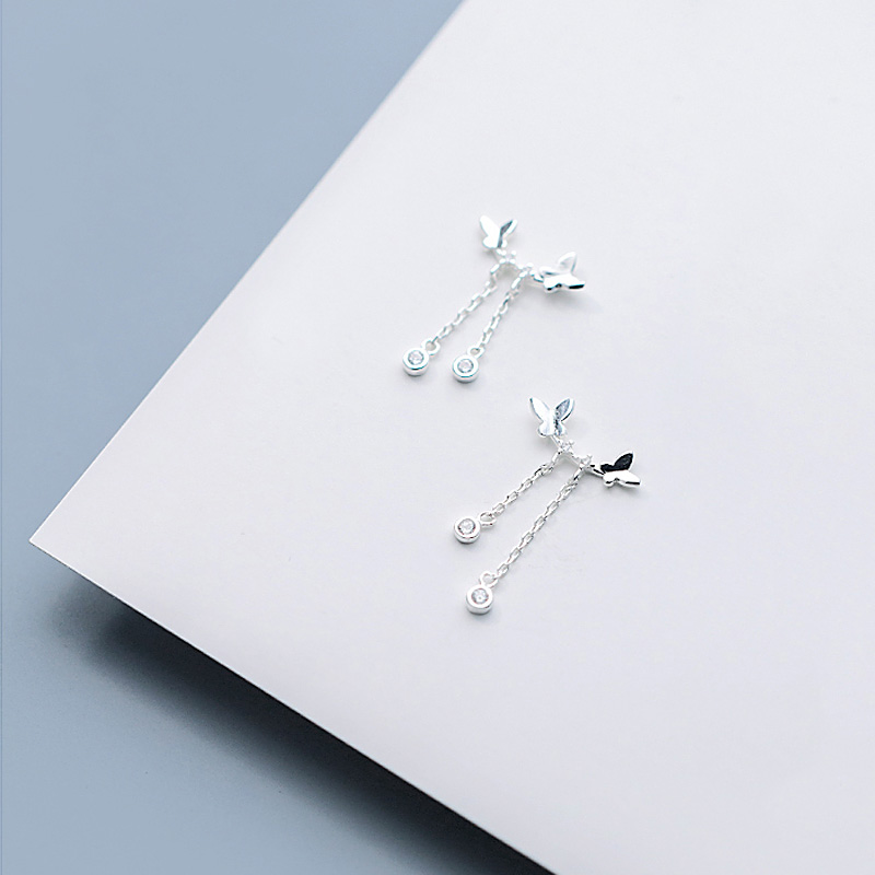 Bông tai bạc hình bướm tua rua đính pha lê thời trang dành cho nữ