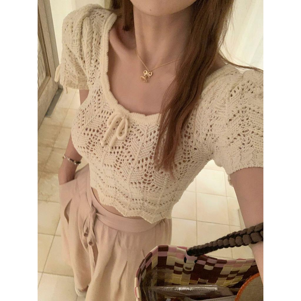 qkoole   Áo Dệt Kim Tay Ngắn Cổ Vuông Dáng Ôm Thời Trang Mùa Hè Xinh Xắn Cho Nữ