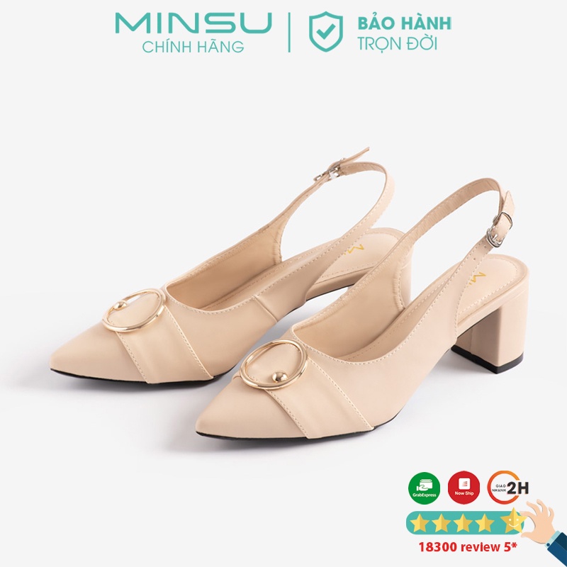 Giày Cao Gót Nữ Mũi Nhọn Đế Vuông 5cm MINSU M9014 Phối Khóa Tròn Bít Mũi cao 5p Style Hàn Quốc Hở Gót 5 phân