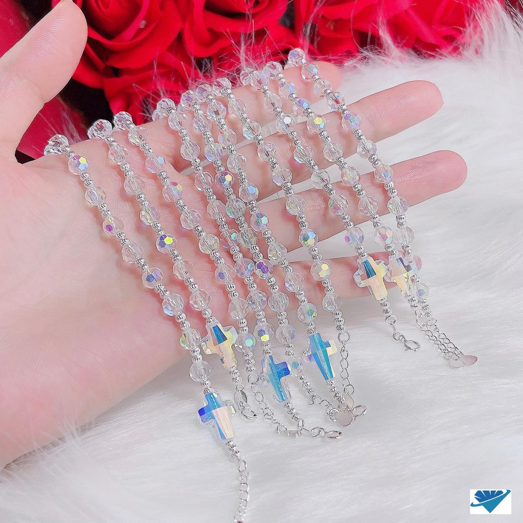 Lắc tay nữ, lắc tay thánh giá kiểu dáng pha lê ,mix bi bạc ta nguyên chất