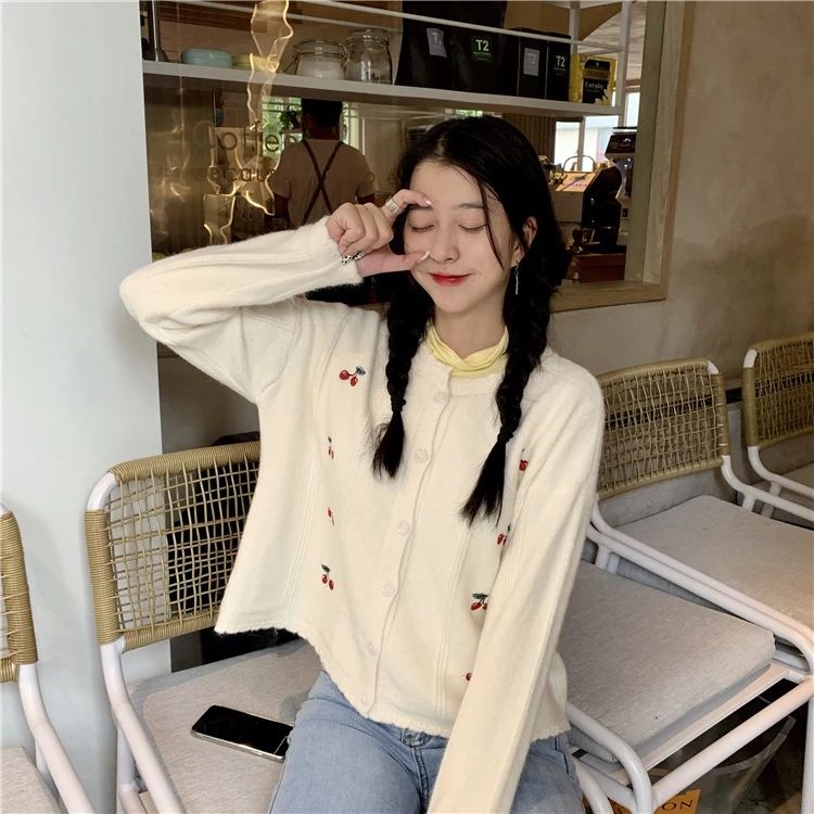 Áo cardigan dệt kim Pure Cube dáng rộng họa tiết quả cherry phong cách Hàn Quốc mới thời trang cho nữ