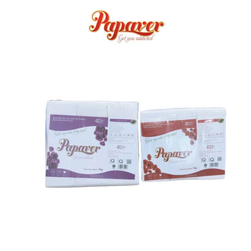 Giấy Ăn Nhà Hàng Papaver, Combo 10 Bịch 1kg,  2 Lớp,  Xếp/Rút, 100% Bột Giấy Nguyên Sinh