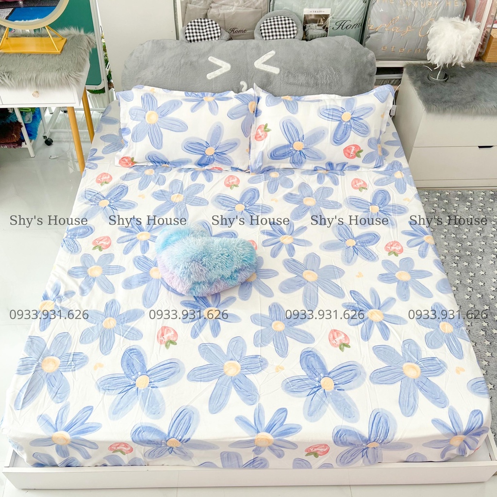 Set Ga Giuờng Cotton Poly 3 Món - Họa Tiết Bông Hoa Xanh 3D - Hàng Nhập Khẩu- Set Ga + 2 Vỏ Gối Nằm - GGN20