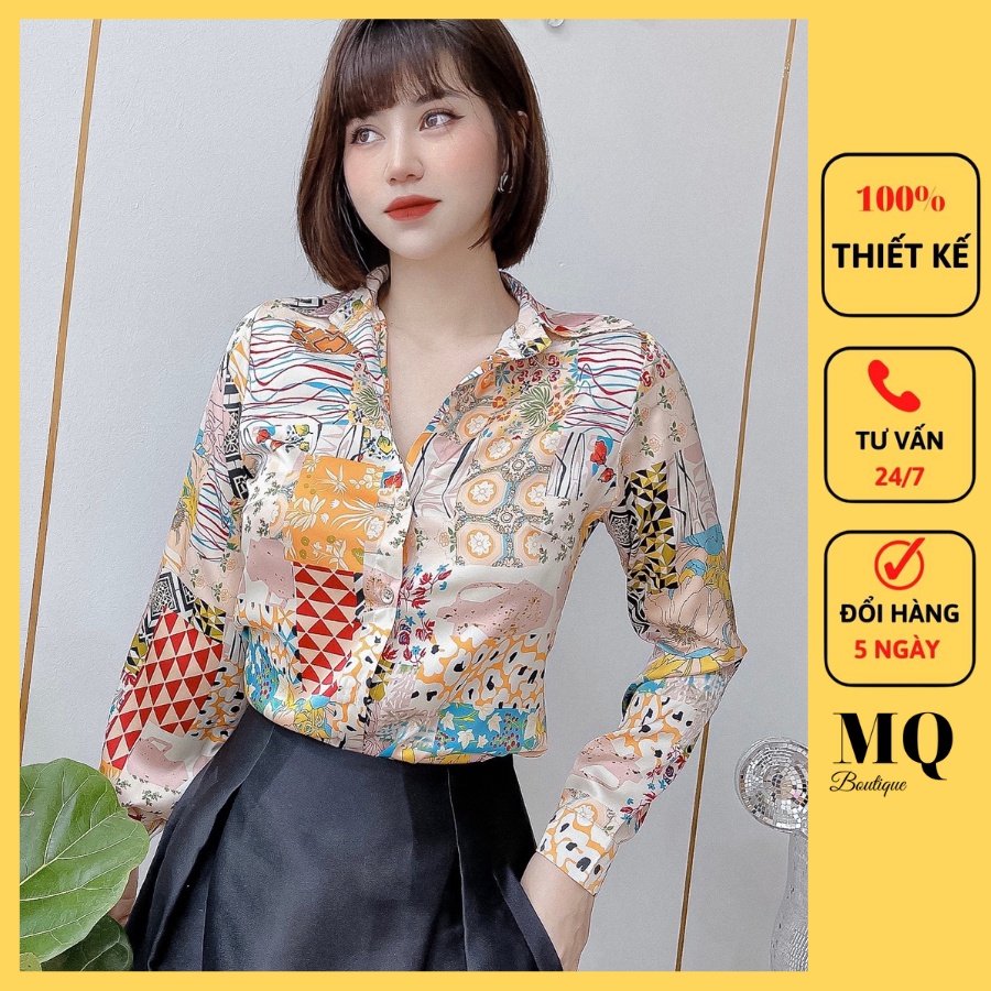Áo sơ mi nữ lụa dài tay cao cấp công sở họa tiết hoa nhỏ hình đỏ đen nền be, áo sơ mi họa tiết thiết kế MQ Boutique