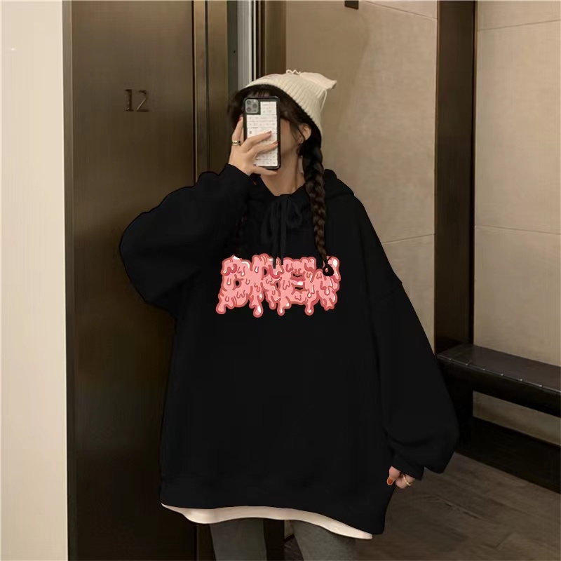 Áo Hoodie Dài Tay Dáng Rộng In Chữ Cá Tính Thời Trang