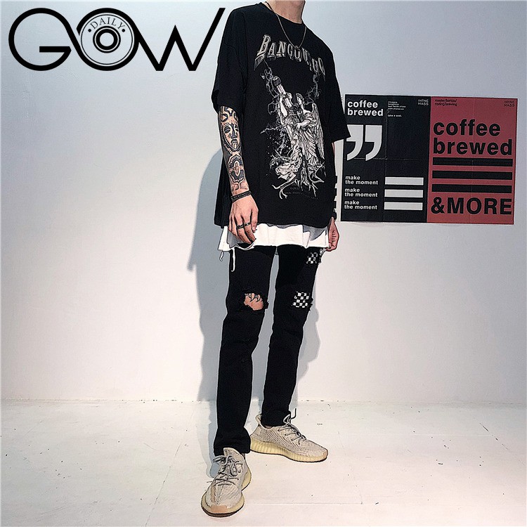 Quần jean nam Gowdaily phong cách streetwear đen rách gối họa tiết caro , Đen D801 | BigBuy360 - bigbuy360.vn