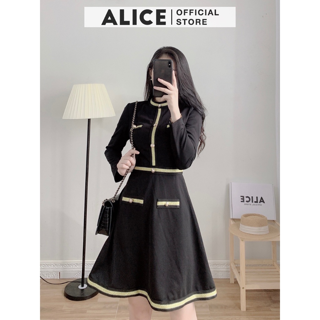 Váy Tiểu Thư Dáng Xòe ALICE V721, Thiết Kế Bo Eo Tôn Dáng Phối Dây Viền Nhũ Vàng Thanh Lịch | BigBuy360 - bigbuy360.vn